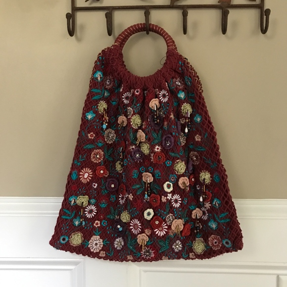 Anthropologie Handbags - Anthropologie Embroidered Beaded  Burgundy  Bag